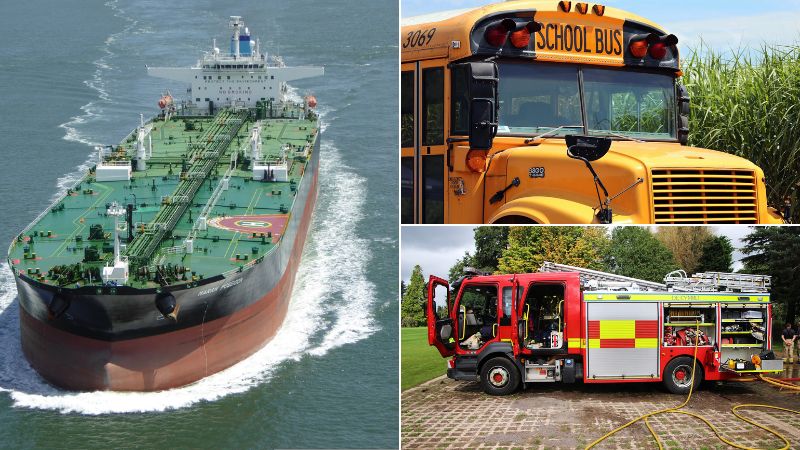 oil tanker, school bus, fire truck