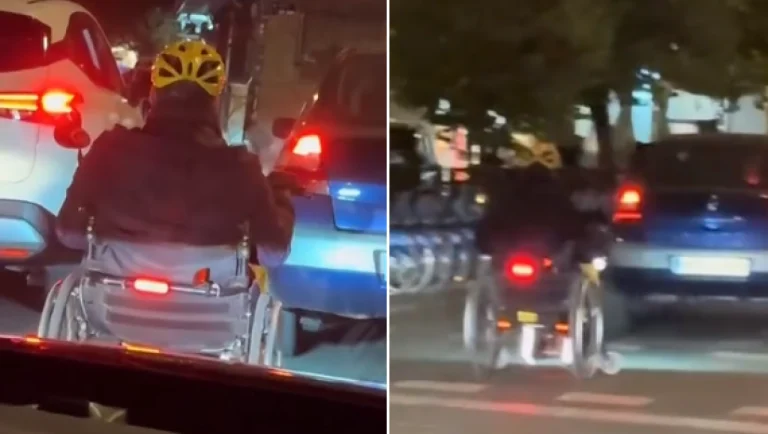 Surreal Sight Of Glovo Delivery Man Driving Through City In Wheelchair